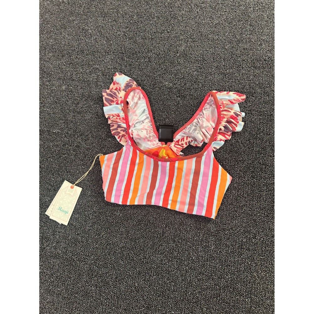 Maaji Girls Rainbow Bay Reversible Bikini Top Ruffle Stripe Heart Pink Orange 16